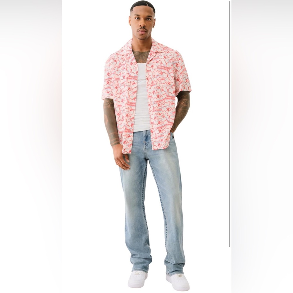 True Religion Men’s Allover Buddha Print Collar Red,Blue,Natural Button Up Shirt